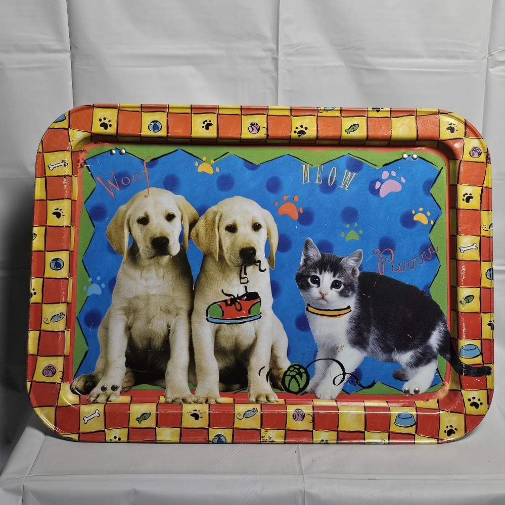 Vintage Foldable Metal Dinner Tray Cat & Dogs Blue Orange Yellow 17" x 12"